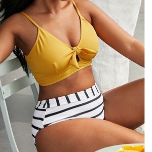 New- Plus Striped Yellow & Striped Cut-out Knot Bikini Swimsuit